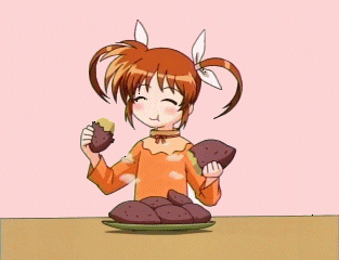 takamachi nanoha, lyrical nanoha, mahou shoujo lyrical nanoha, animated, animated gif, anime screenshot, lowres, 00s, 1girl, eating, female focus, food, orange shirt, shirt, solo, sweet potato