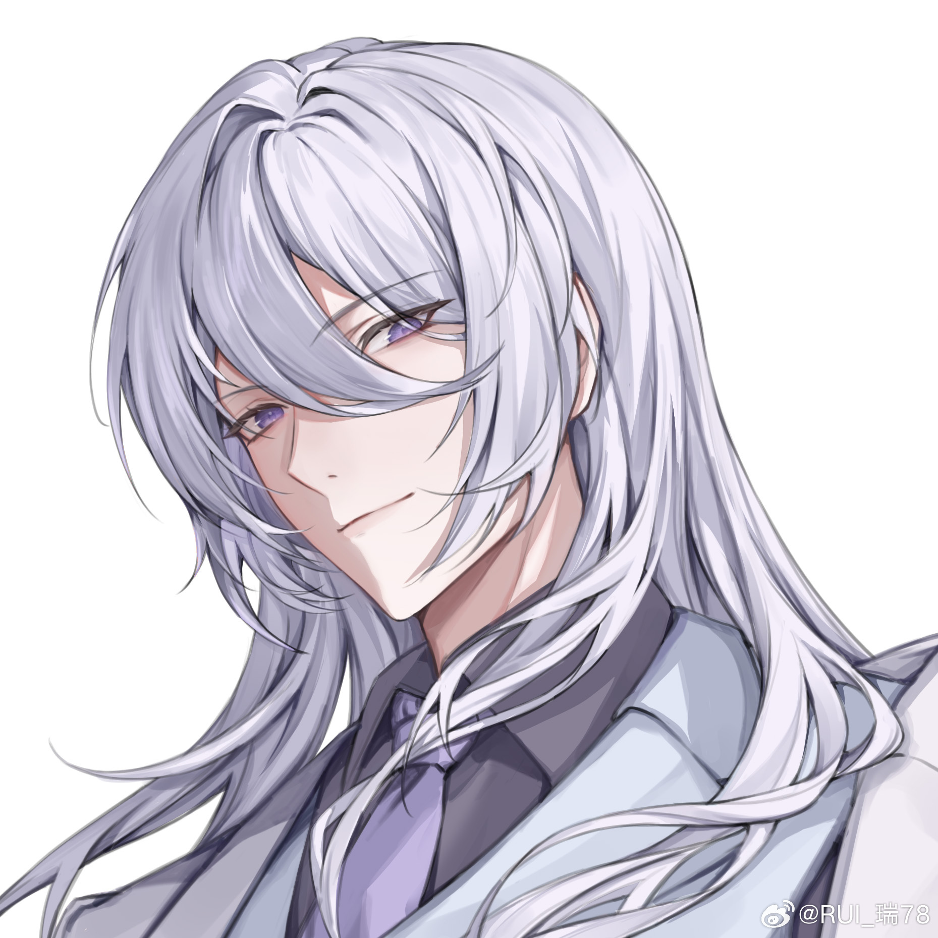 ran 78, cael anselm, lovebrush chronicles, chinese commentary, highres, 1boy, closed mouth, collared shirt, grey shirt, hair between eyes, jacket, lapels, long bangs, long hair, long hair between eyes, looking at viewer, male focus, necktie, notched lapels, portrait, purple eyes, purple necktie, shirt, sideways glance, simple background, smile, solo, vest, watermark, weibo watermark, white background, white hair, white jacket, white vest