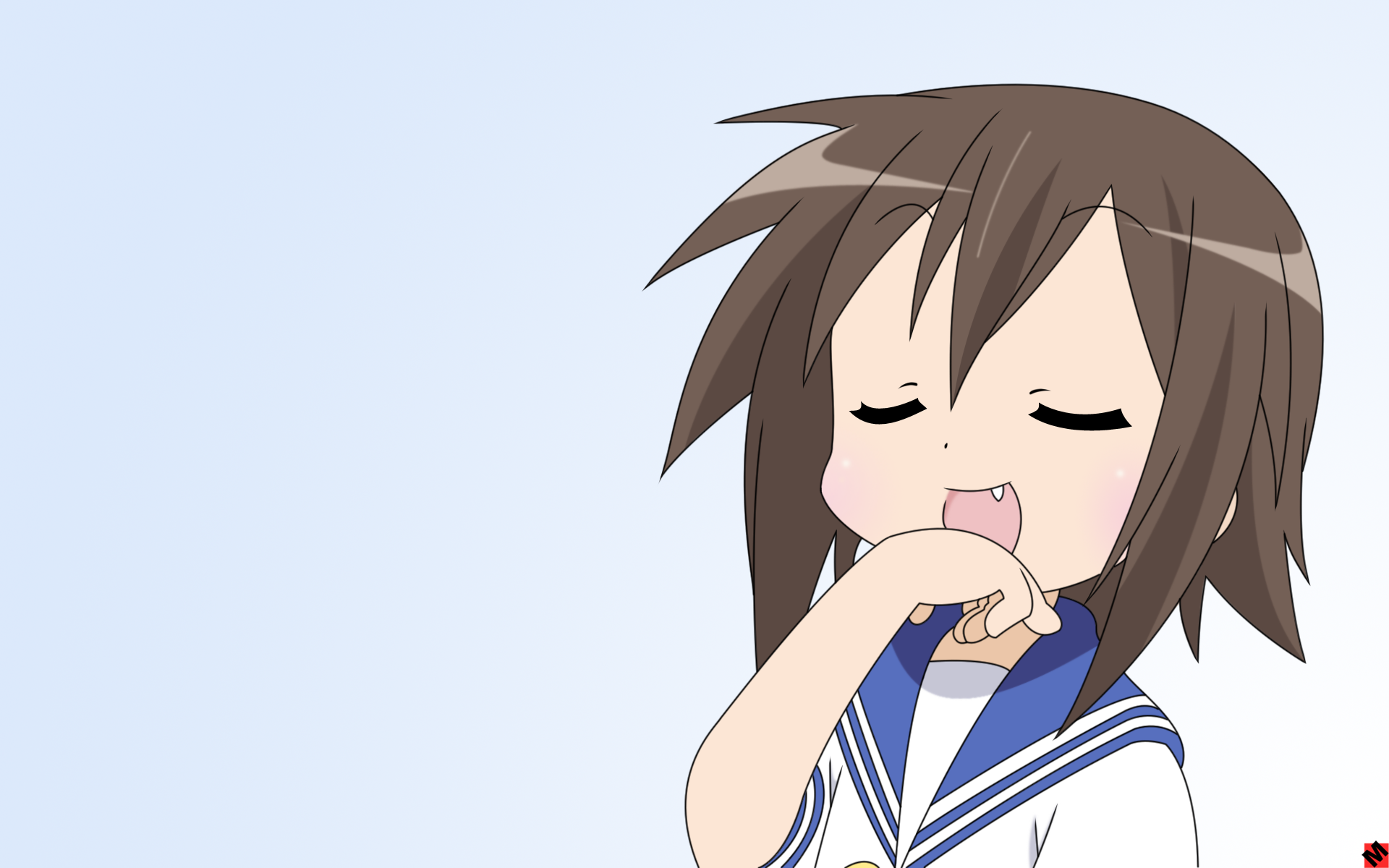 kusakabe misao, lucky star, derivative work, highres, vector trace, 00s, 1girl, blue background, fang, female focus, gradient background, hand to own mouth, school uniform, serafuku, solo