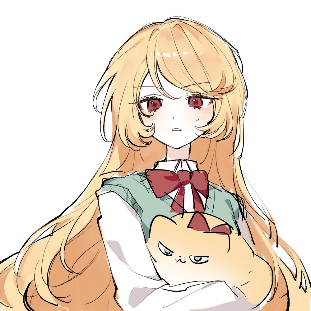 zombie high school, commentary request, korean commentary, 1girl, apfvl88, blonde hair, blush, bow, bowtie, cat, collared shirt, holding, jo ye-ji, long hair, long sleeves, looking at viewer, red bow, red bowtie, red eyes, shirt, simple background, solo, sweatdrop, sweater vest, upper body, vest, white background, white shirt