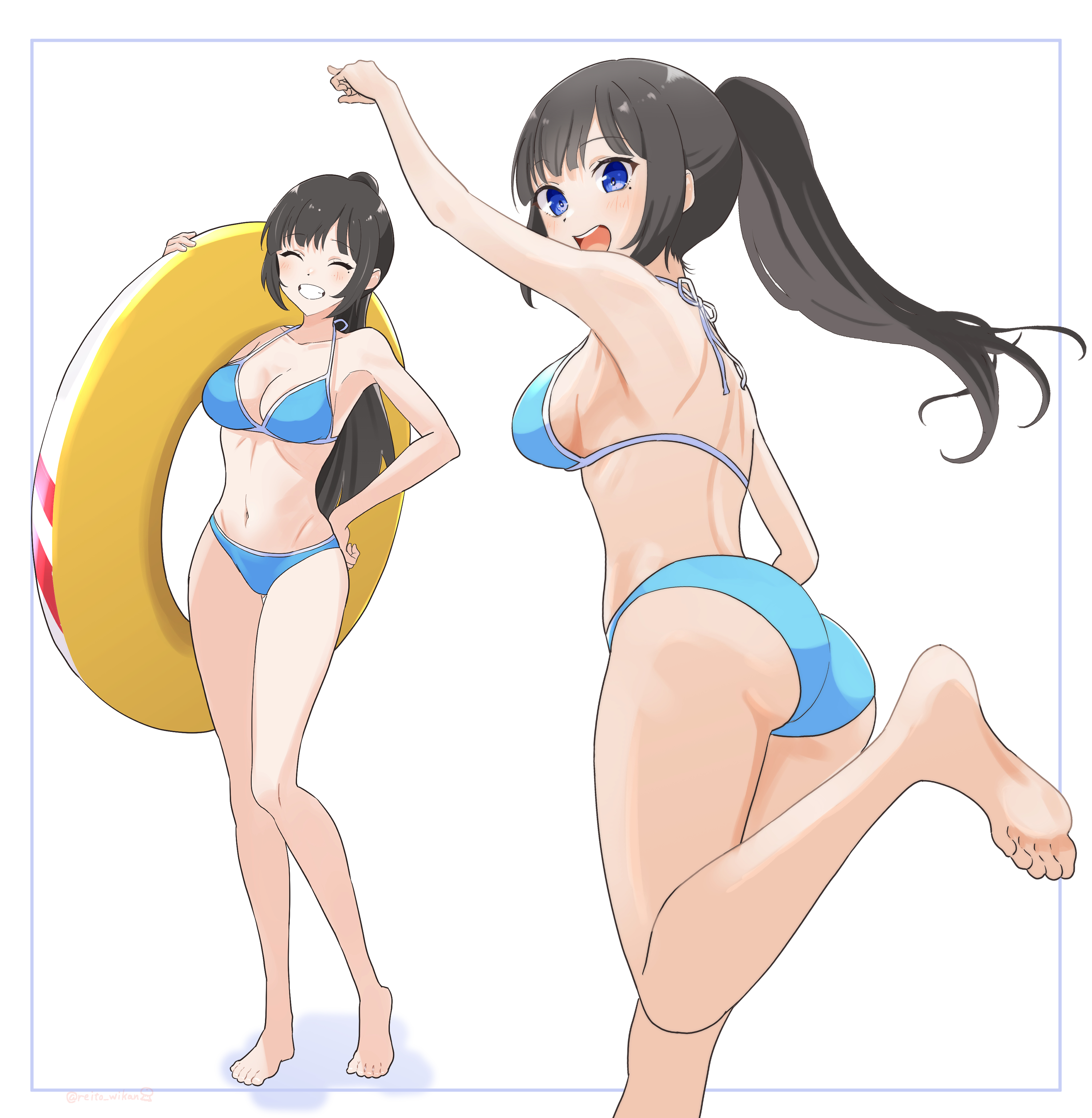 reitowikan, fuji aoi, aoi ch., absurdres, highres, 1girl, ass, bikini, black hair, blue bikini, blue eyes, breasts, cleavage, from behind, full body, grin, innertube, long hair, medium breasts, multiple views, ponytail, running, simple background, smile, swim ring, swimsuit, virtual youtuber, white background