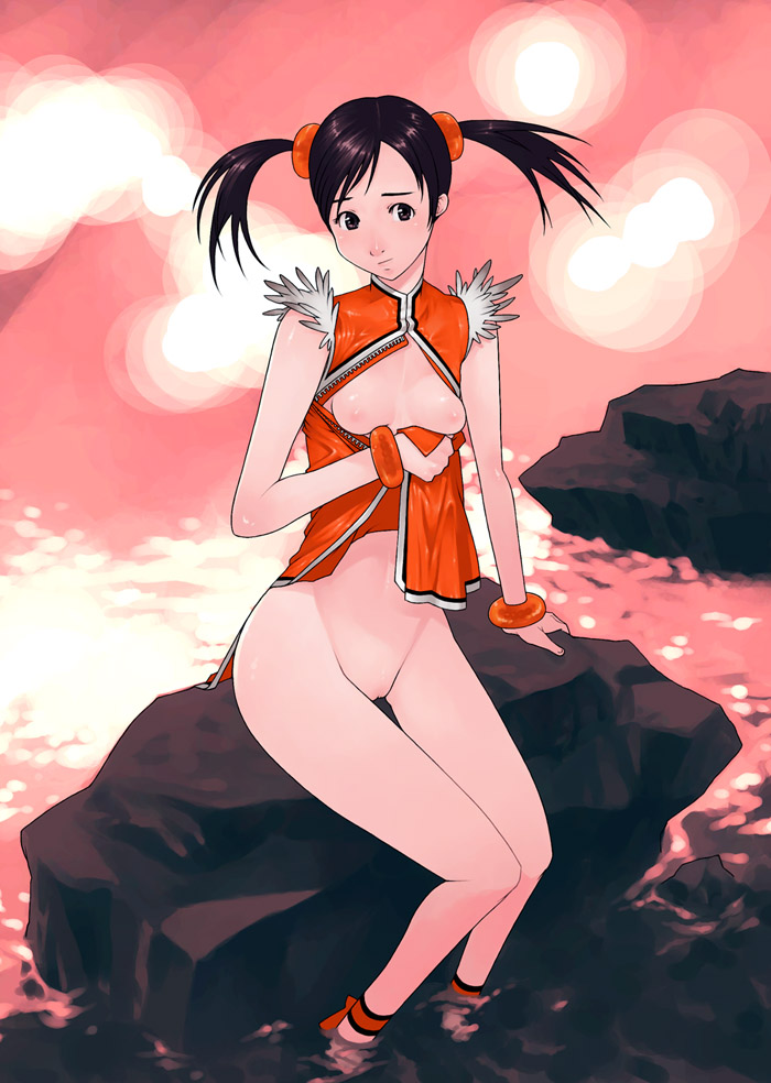 g-room honten, ling xiaoyu, namco, tekken, 1girl, bottomless, breasts, clothes lift, female focus, nipples, orange shirt, pussy, shirt, skirt, skirt lift, solo, twintails