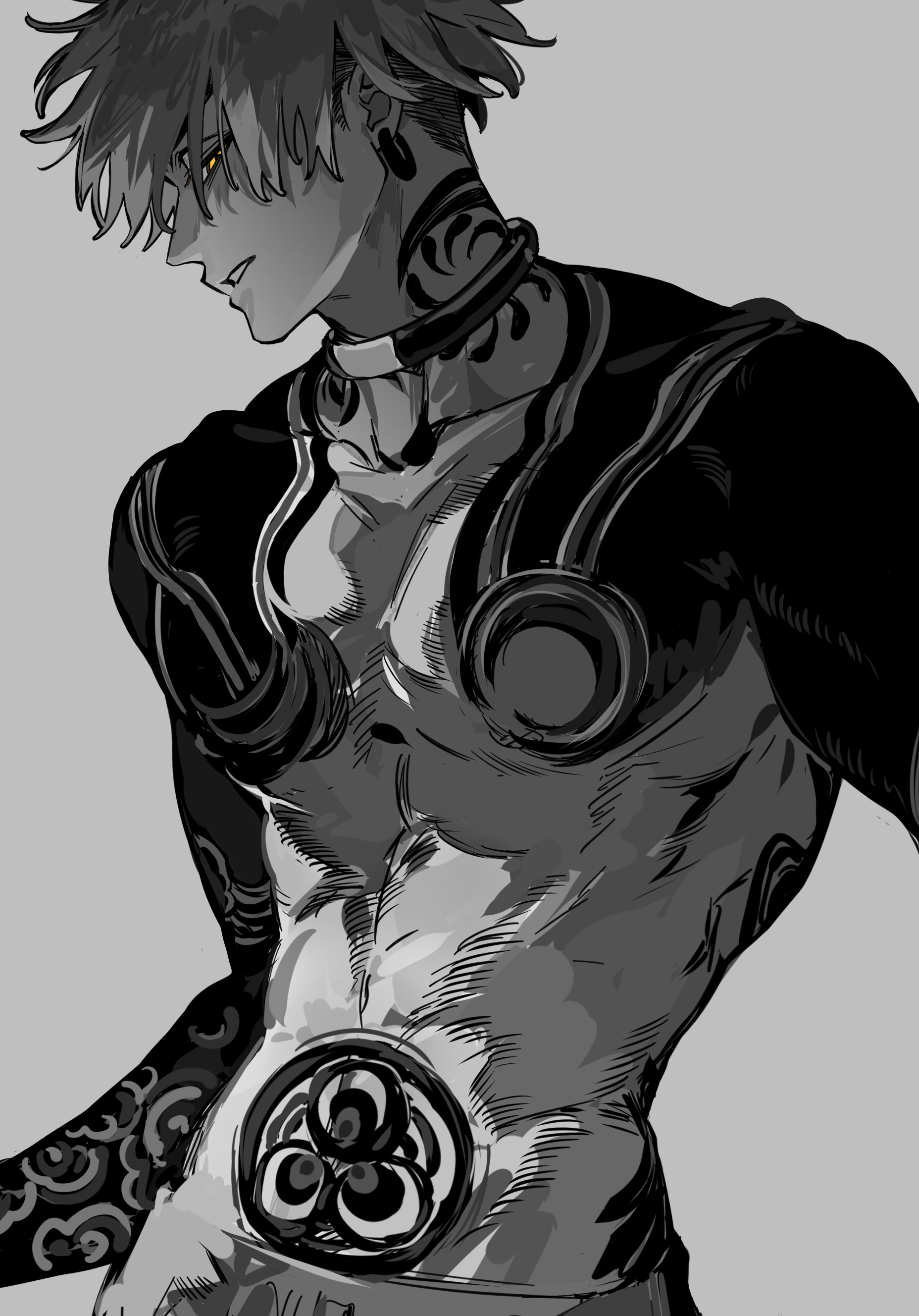 keita kg85, enjin (gachiakuta), gachiakuta, absurdres, highres, 1boy, arm tattoo, choker, cowboy shot, greyscale, irezumi, looking at viewer, male focus, monochrome, neck tattoo, simple background, solo, spot color, stomach tattoo, tattoo, toned, toned male, yellow eyes
