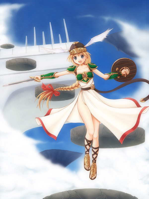 kubo yoshiyuki, valkyrie (vnd), valkyrie no densetsu, 1girl, armor, armored dress, black sandals, braid, dress, female focus, green armor, sandals, shield, single braid, solo, sword, valkyrie, weapon