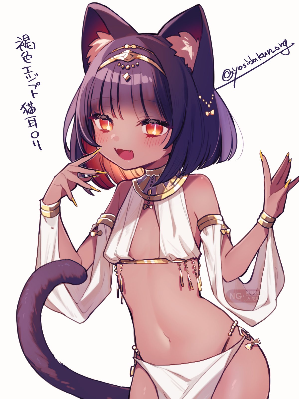 yomoda (7taizai7bitoku), original, highres, translation request, 1girl, ancient egyptian, ancient egyptian clothes, animal ears, bare shoulders, bikini, blush, cat ears, cat girl, cat tail, dark-skinned female, dark skin, fangs, flat chest, medium hair, navel, open mouth, purple hair, red eyes, simple background, slit pupils, solo, stomach, swimsuit, tail, twitter username, white background, white bikini