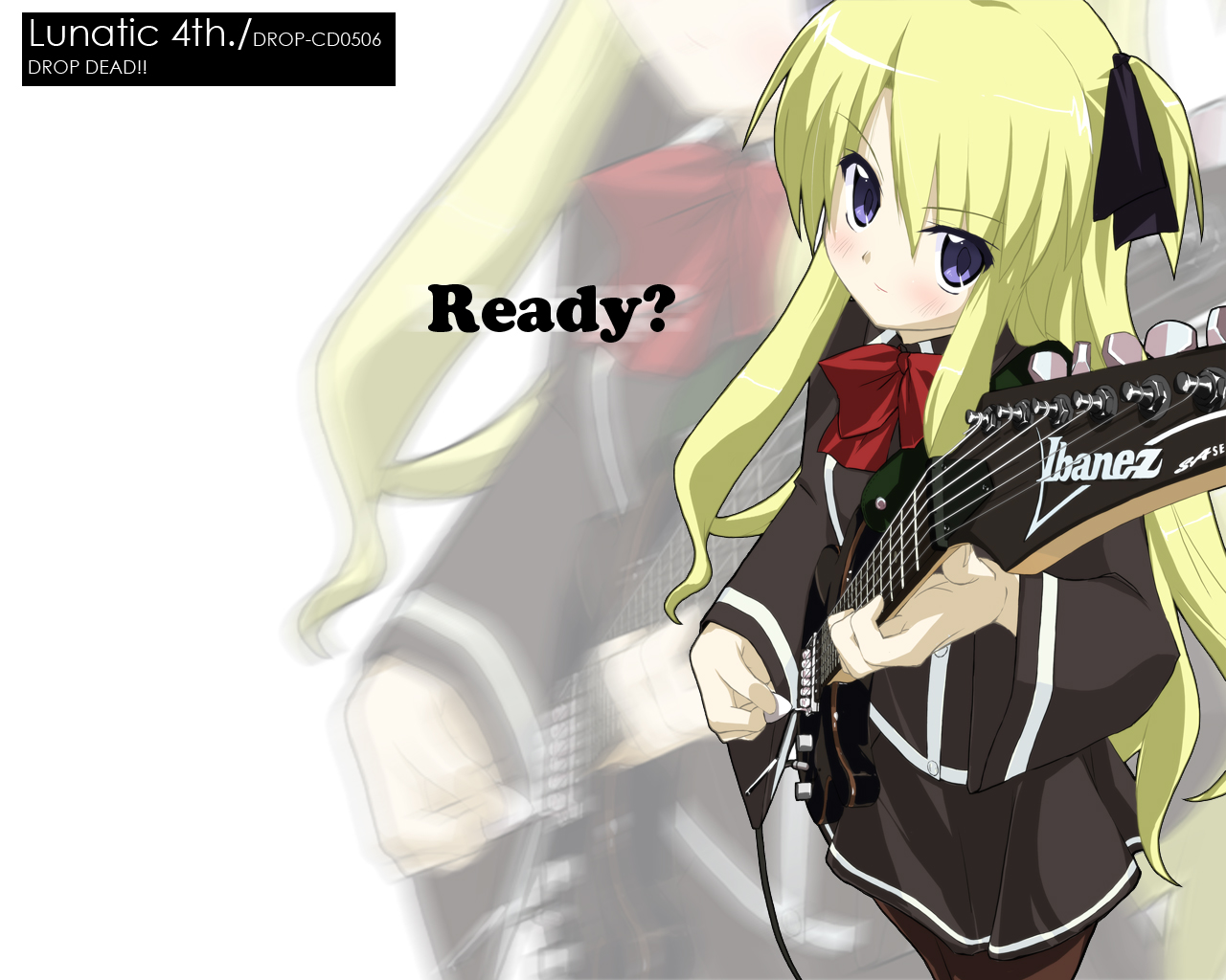 minase shuu, shalon, quiz magic academy, tagme, brown pantyhose, english text, guitar, instrument, long hair, miniskirt, pantyhose, simple background, skirt, solo, very long hair, white background