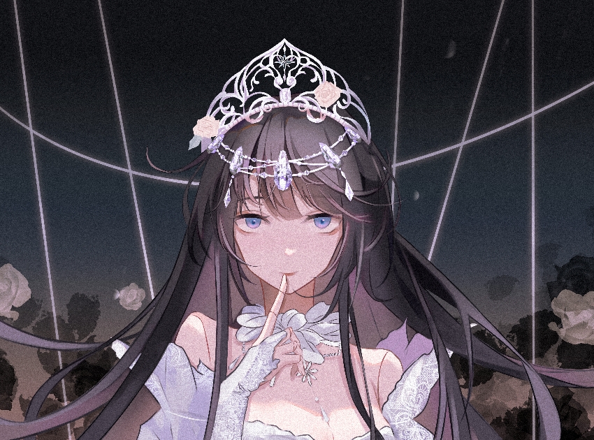 nikki (series), shining nikki, adversarial noise, chinese commentary, commentary request, 1girl, ame chaoyu, bare shoulders, black background, black hair, blue eyes, blunt bangs, breasts, bridal gauntlets, brown hair, chain, chain necklace, choker, circlet, cleavage, closed mouth, colored inner hair, detached sleeves, doll joints, dress, eyelashes, finger to mouth, floral background, flower, frilled sleeves, frills, fur lilith (shining nikki), hair between eyes, jewelry, joints, leaf, lilibet (shining nikki), lipstick, long hair, loose hair strand, makeup, medium breasts, multicolored hair, necklace, petals, puppet strings, red lips, rose, short sleeves, smile, snowflake necklace, solo, strapless, strapless dress, tiara, two-tone hair, upper body, very long hair, white bridal gauntlets, white choker, white dress, white flower, white rose, white sleeves