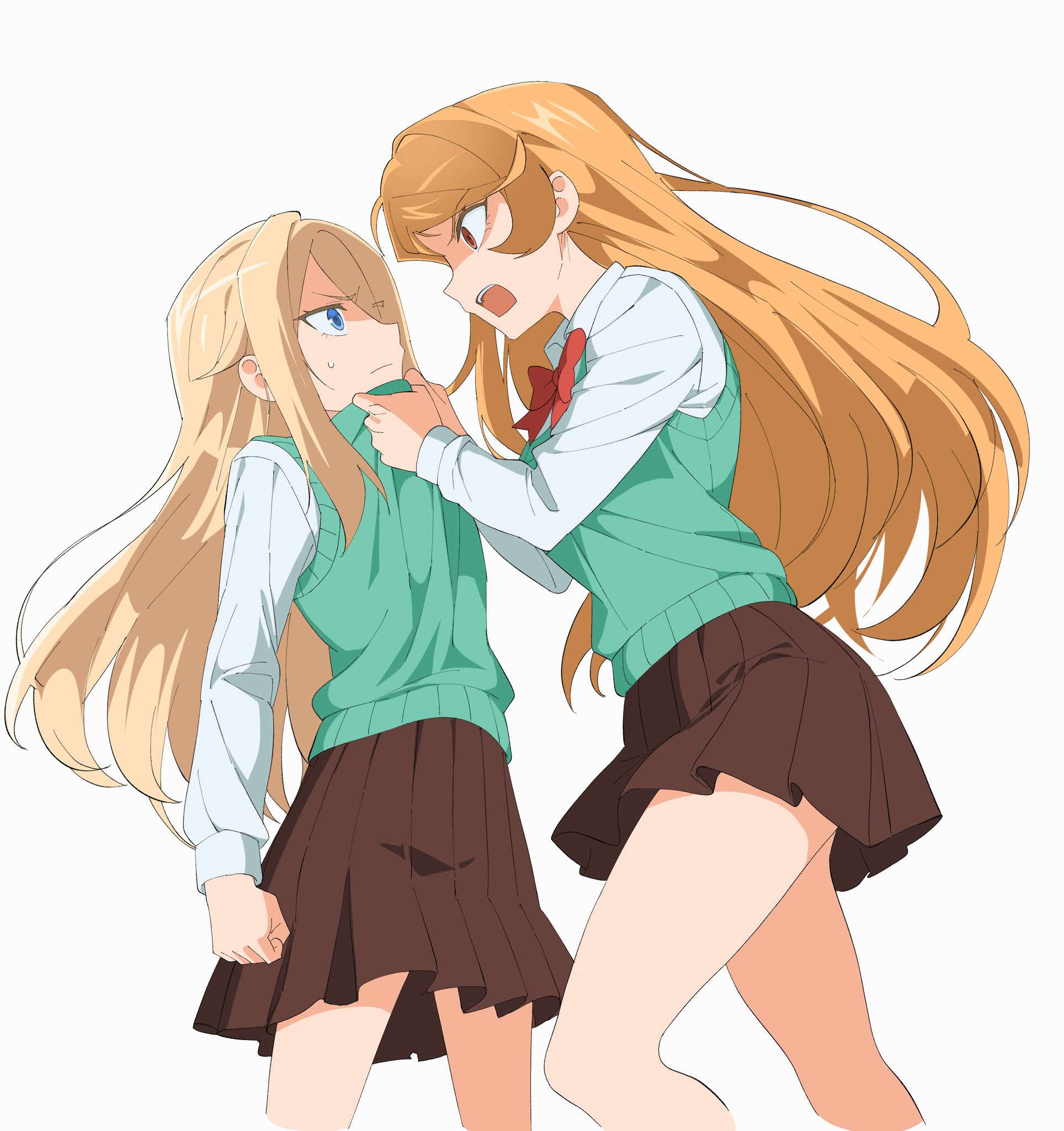 zombie high school, commentary request, highres, korean commentary, 2girls, blonde hair, blue eyes, bow, bowtie, brown skirt, go na-rae, jo ye-ji, long hair, long sleeves, looking at another, multiple girls, open mouth, orange hair, pleated skirt, red bow, red bowtie, red eyes, school uniform, seungkkae, shirt, simple background, skirt, sweatdrop, sweater vest, white background, white shirt