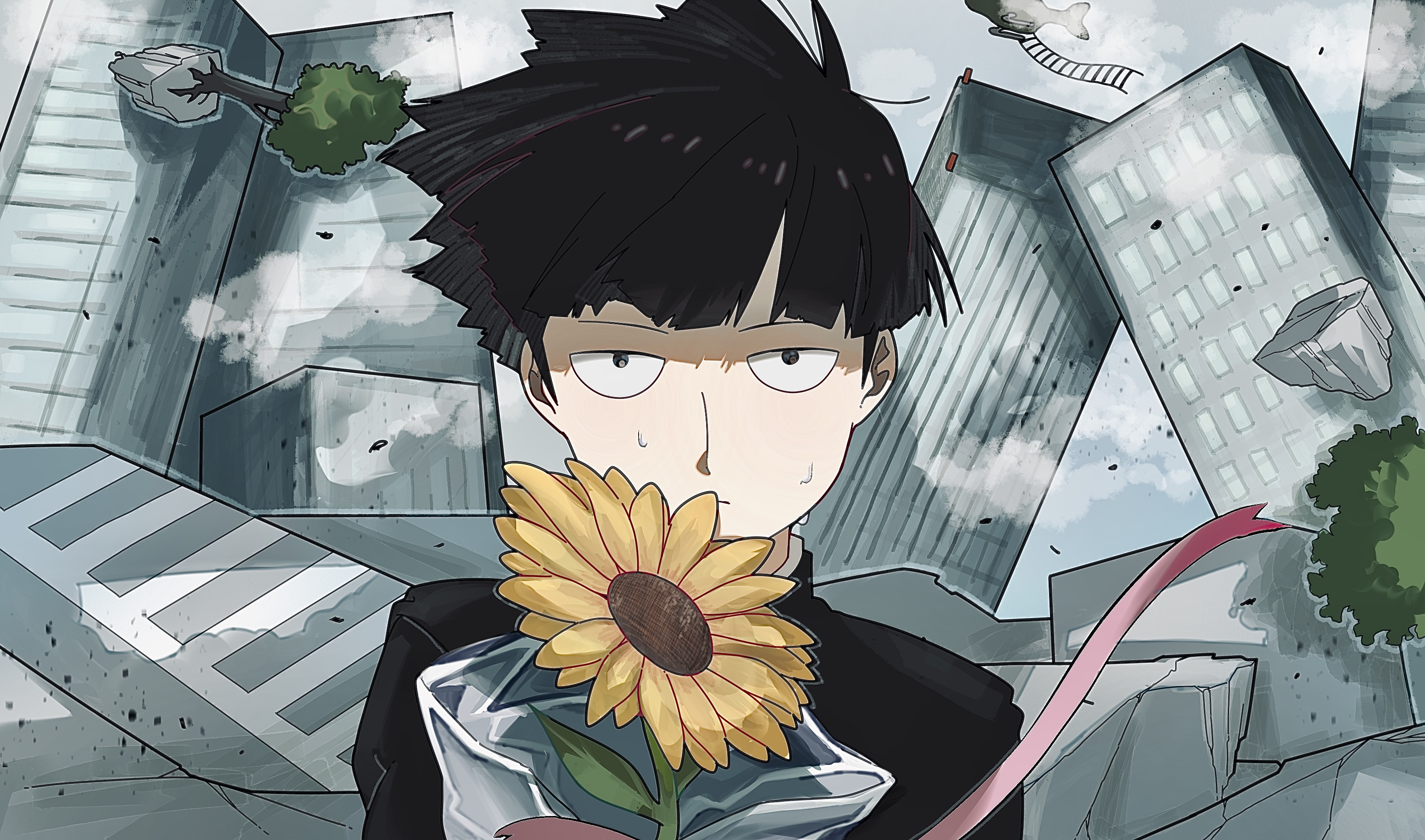 igurumi 00128, kageyama shigeo, mob psycho 100, absurdres, highres, 1boy, black hair, bowl cut, closed mouth, expressionless, flower, looking at viewer, male focus, outdoors, pink ribbon, ribbon, shaded face, short hair, solo, sunflower, sweatdrop, tree