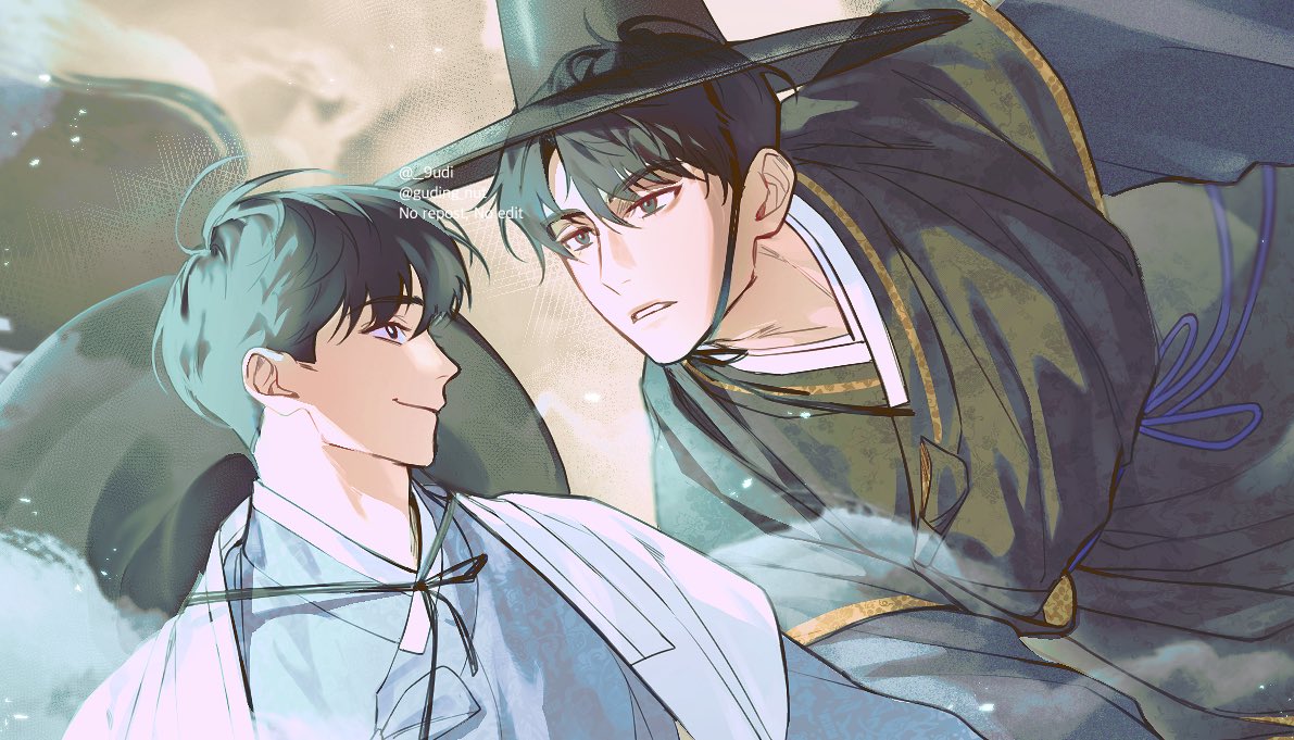 guding nut, kim dokja, yoo joonghyuk, omniscient reader's viewpoint, clothing request, commentary request, korean commentary, 2boys, alternate costume, black eyes, black hair, gat (hat), hat, korean clothes, looking at another, male focus, multiple boys, parted lips, see-through clothes, short hair, sparkling eyes, upper body