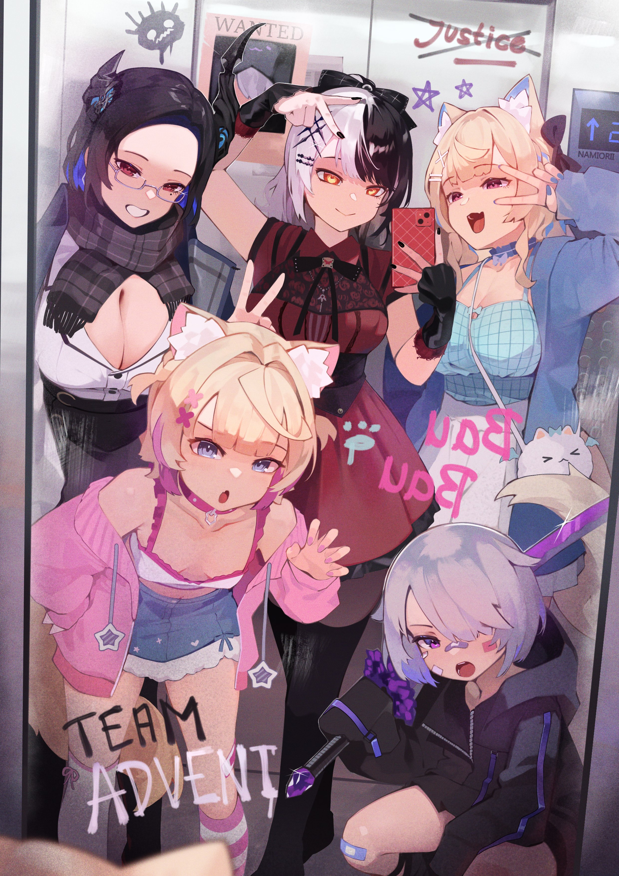namiorii, fuwawa abyssgard, fuwawa abyssgard (casual), koseki bijou, koseki bijou (casual), mococo abyssgard, mococo abyssgard (casual), nerissa ravencroft, nerissa ravencroft (casual), shiori novella, shiori novella (casual), holoadvent, hololive, hololive english, absurdres, commentary, english commentary, highres, 5girls, animal ears, asymmetrical horns, black hair, black jacket, black scarf, black skirt, blonde hair, blue camisole, blue choker, blue eyes, blue hair, blue jacket, blue skirt, braid, breasts, camisole, cellphone, choker, claw pose, cleavage, closed mouth, collared shirt, colored inner hair, curly hair, dog ears, dog girl, dog tail, dress, frilled camisole, frilled dress, frills, glasses, grey hair, greyscale, grin, hair ornament, hair over one eye, hairclip, half up braid, high-waist skirt, holding, holding phone, holding sword, holding weapon, horns, jacket, katana, large breasts, long hair, mirror selfie, monochrome, multicolored hair, multiple girls, office lady, official alternate costume, official alternate hairstyle, open mouth, over shoulder, phone, pink eyes, pink hair, pink jacket, plaid camisole, ponytail, purple eyes, purple hair, red dress, scarf, selfie, shirt, short hair, side braids, skirt, smartphone, smile, split-color hair, streaked hair, swept bangs, sword, sword over shoulder, tail, thighhighs, two side up, uneven horns, v, v over eye, virtual youtuber, weapon, weapon over shoulder, white camisole, white shirt, white skirt, white thighhighs, x hair ornament, yellow eyes