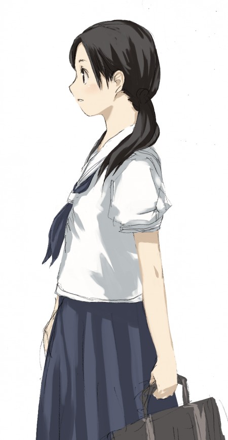 tamaru tokihiko, original, 1girl, arms at sides, bag, black eyes, black hair, blouse, blue ribbon, blue skirt, blush, briefcase, cowboy shot, female focus, from side, holding, holding bag, parted lips, pleated skirt, profile, ribbon, school uniform, serafuku, shirt, short sleeves, simple background, skirt, solo, twintails, white background, white shirt