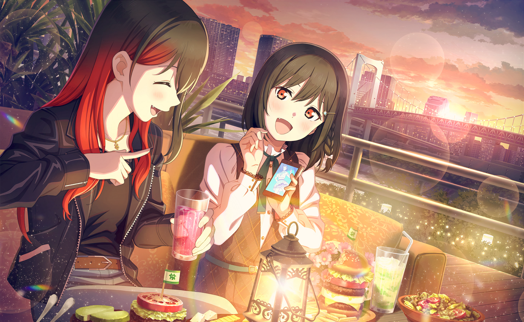 mifune kaoruko, mifune shioriko, love live!, love live! nijigasaki high school idol club, love live! school idol festival 2, highres, official art, 2girls, ^ ^, anime coloring, belt, belt buckle, black dress, black hair, black hat, black jacket, black shirt, blue pants, blush, bob cut, braid, bridge, brown belt, buckle, building, burger, cellphone, cheese, city, cityscape, closed eyes, cloud, collarbone, couch, cup, denim, desk lamp, dress, drink, drinking straw, dutch angle, evening, fang, fence, flower, food, french fries, gradient hair, gradient sky, green ribbon, hair ornament, hairpin, hands up, hat, holding, holding cup, holding phone, jacket, jeans, jewelry, juice, lamp, lens flare, lettuce, light particles, long hair, long sleeves, looking at another, looking to the side, medium hair, multicolored hair, multiple girls, neck ribbon, necklace, official alternate hairstyle, on couch, open clothes, open jacket, open mouth, orange sky, outdoors, pants, phone, pink flower, pointing, pointing at another, profile, puffy sleeves, red eyes, red hair, ribbon, river, salad, sesame seeds, shirt, siblings, side braid, sisters, sitting, sky, skyscraper, smartphone, smile, sunset, tomato, tomato slice, tree, two-tone hair, unworn hat, unworn headwear
