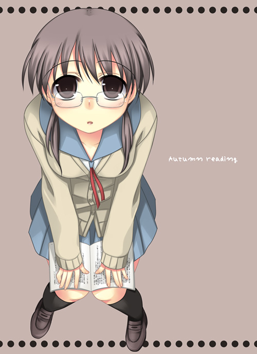hazuki (etcxetc), original, 1girl, :o, black socks, blue sailor collar, blue skirt, blush, brown eyes, brown hair, female focus, full body, glasses, holding, kneehighs, loafers, long sleeves, paper, parted lips, pleated skirt, red-framed eyewear, sailor collar, school uniform, semi-rimless eyewear, serafuku, shoes, skirt, socks, solo, standing, under-rim eyewear