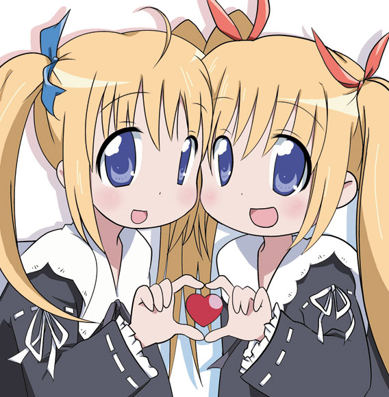 shirika, original, 2girls, blonde hair, four-finger heart hands, heart, heart hands, heart hands duo, heart in heart hands, long hair, multiple girls, twintails