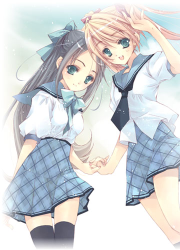 akira hayase, hayase akira, original, lowres, 2girls, black hair, black thighhighs, blonde hair, blue eyes, hair ribbon, holding hands, multiple girls, open mouth, ribbon, school uniform, serafuku, smile, thighhighs, twintails, zettai ryouiki