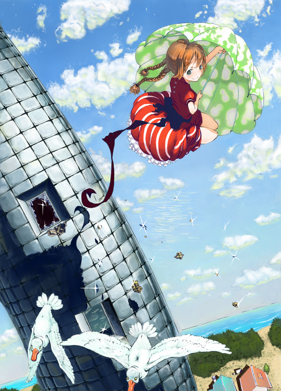maagarin killer, original, 1girl, animal, beach, bird, braid, brown hair, cloud, day, dress, female focus, floating, house, looking back, ocean, outdoors, sky, solo, tower, tree, twin braids, umbrella, umbrella riding
