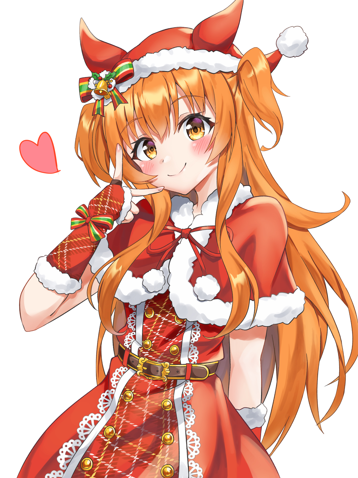 dusu (htkj), mayano top gun (formation: party) (umamusume), mayano top gun (umamusume), umamusume, commentary request, highres, 1girl, animal ears, belt, blush, capelet, christmas, closed mouth, cowboy shot, dress, fur-trimmed capelet, fur-trimmed dress, fur-trimmed gloves, fur-trimmed headwear, fur trim, gloves, hat, hat bell, heart, horse ears, horse girl, horse hat, long hair, looking at viewer, official alternate costume, orange hair, plaid clothes, plaid gloves, red capelet, red dress, red gloves, santa costume, santa dress, santa hat, simple background, smile, solo, two side up, v, white background