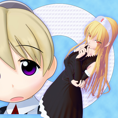 ekkusu kyuuzu, flandre (kaibutsu oujo), hime (kaibutsu oujo), kaibutsu oujo, lowres, 00s, 2girls, 3d, android, blonde hair, crown, hat, maid, multiple girls, purple eyes, red eyes, tiara