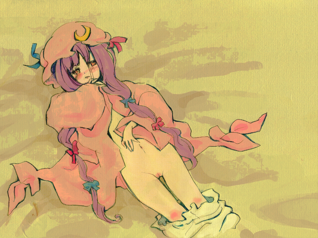 kuma (artist), kuma (crimsonvanilla), patchouli knowledge, touhou, 1girl, bloomers, bloomers pull, bottomless, bow, female focus, hair bow, hat, long hair, lying, multiple hair bows, navel, on back, open clothes, open robe, purple hair, pussy, red eyes, robe, solo, underwear, white bloomers