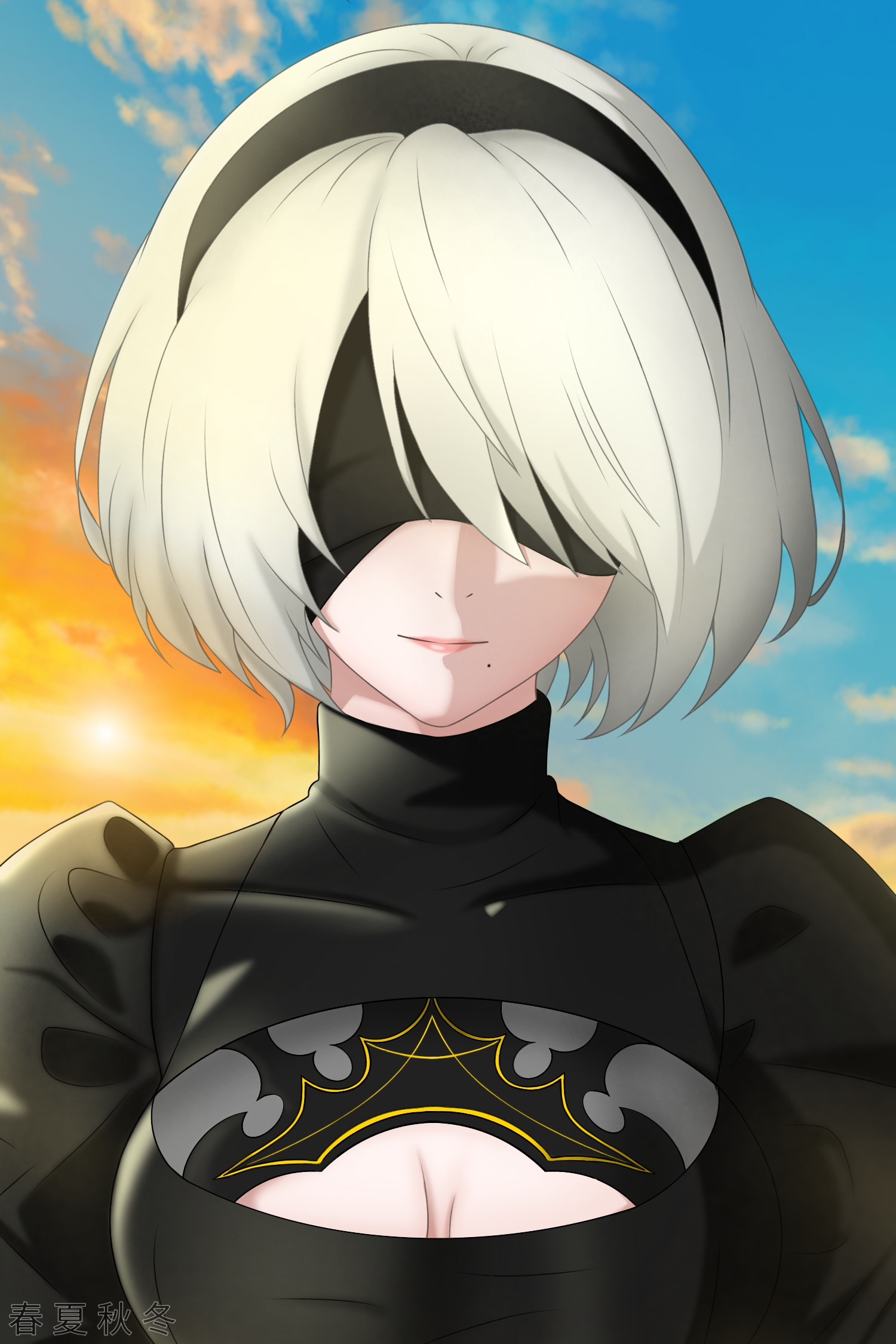 2b (nier:automata), nier:automata, nier (series), highres, 1girl, bandages, black dress, black hairband, blindfold, clothing cutout, covered eyes, dress, eyepatch, grey hair, hairband, long sleeves, medical eyepatch, mole, mole under mouth, short hair, user vdwe4355, white hair