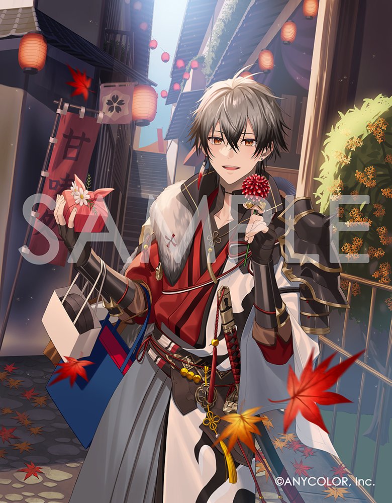 dolustoy, ryoma barrenwort, nijisanji, nijisanji en, commentary request, official art, 1boy, bag, black gloves, black hair, blue sky, box, company name, copyright notice, earrings, fingerless gloves, gloves, gradient hair, grey hair, hair between eyes, holding, holding box, jewelry, katana, lantern, leaf, male focus, maple leaf, multicolored hair, paper lantern, sample watermark, sky, solo, sword, tassel, virtual youtuber, watermark, weapon