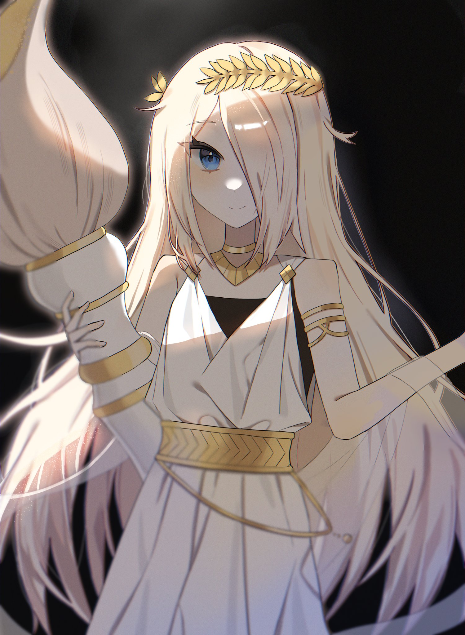 zombie high school, highres, korean commentary, 1girl, armlet, bare shoulders, black background, blonde hair, blue eyes, closed mouth, dog ddong bee, dress, go na-rae, greco-roman clothes, hair over one eye, holding, holding brush, holding paintbrush, jewelry, laurel crown, long hair, looking at viewer, paintbrush, sleeveless, smile, solo, toga, very long hair, white dress