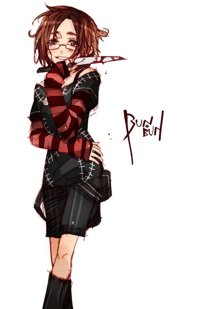 bunbun, striped, blood, blood on face, glasses, knife