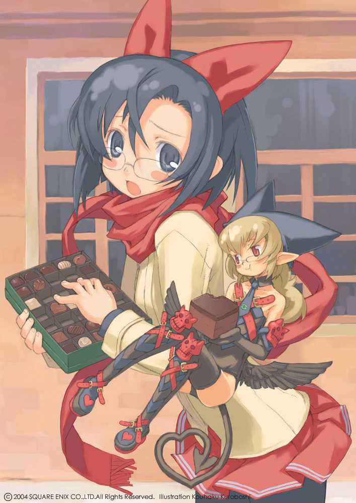 kuroboshi kouhaku, square enix, 2girls, artist name, box, box of chocolates, chocolate, company name, dated, fairy, glasses, mini person, minigirl, multiple girls, pantyhose, scarf, size difference, skirt, sweater, tail, thighhighs, wings