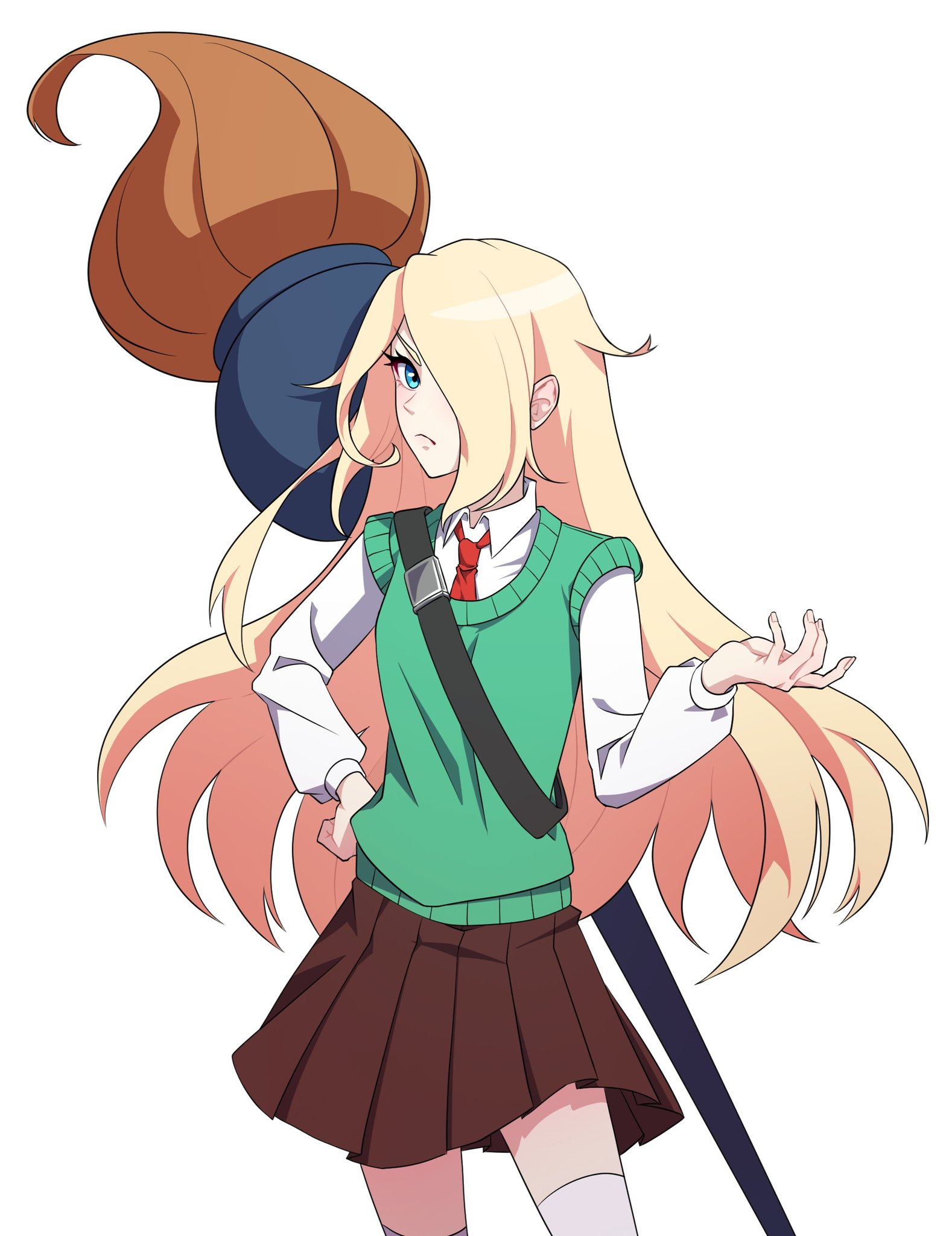 zombie high school, highres, korean commentary, 1girl, blonde hair, blue eyes, broom, brown skirt, closed mouth, collared shirt, frown, go na-rae, hair over one eye, hand on own hip, long hair, long sleeves, looking at viewer, necktie, paintbrush, pleated skirt, recess jdh60, red necktie, school uniform, shirt, simple background, skirt, solo, sweater vest, thighhighs, very long hair, white background, white shirt, white thighhighs, zettai ryouiki
