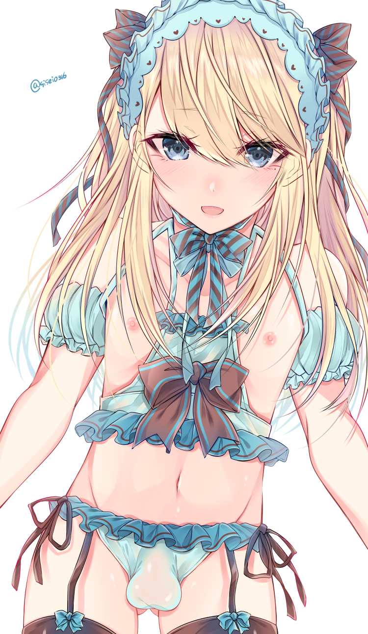 shisei (kyuushoku banchou), original, highres, 1boy, arms at sides, black garter straps, black ribbon, black thighhighs, blonde hair, blush, bow, breast cutout, brown bow, brown ribbon, bulge, chest bow, cowboy shot, crossdressing, crossdressing (mtf), frilled headwear, frilled panties, frilled shirt, frilled sleeves, frilled tube top, frills, garter straps, green headdress, green panties, green shirt, grey eyes, groin, hair between eyes, hair ribbon, hands out of frame, headdress, legs together, long hair, long sidelocks, looking at viewer, makeup, male focus, navel, nipples, off-shoulder shirt, off shoulder, open mouth, panties, parted bangs, puffy short sleeves, puffy sleeves, raised eyebrows, ribbon, ribbon-trimmed headwear, ribbon-trimmed thighhighs, ribbon trim, shirt, short sleeves, side-tie panties, sidelocks, simple background, smile, solo, standing, stomach, straight hair, strapless, striped ribbon, thigh gap, thighhighs, thighs, trap, tube top, underwear