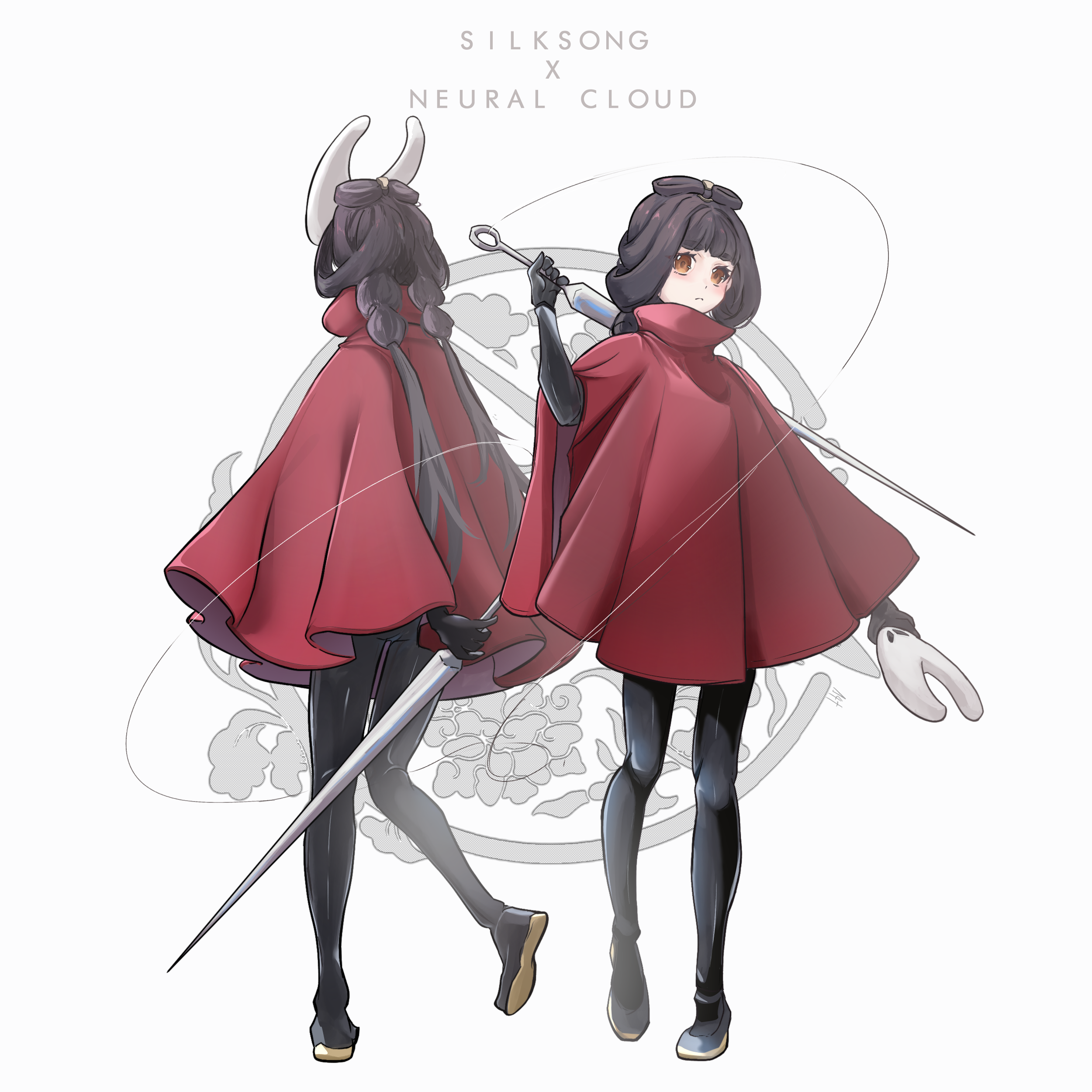 lotan, chanzhi (neural cloud), hornet (hollow knight), qbu-88 (girls' frontline), girls' frontline, girls' frontline neural cloud, hollow knight, hollow knight: silksong, absurdres, highres, black bodysuit, bodysuit, brown eyes, brown hair, cloak, cosplay, from behind, holding, holding mask, holding weapon, hornet (hollow knight) (cosplay), latex, latex bodysuit, long hair, looking at viewer, mask, multiple views, needle (hollow knight), over shoulder, red cloak, unworn mask, very long hair, weapon, weapon over shoulder