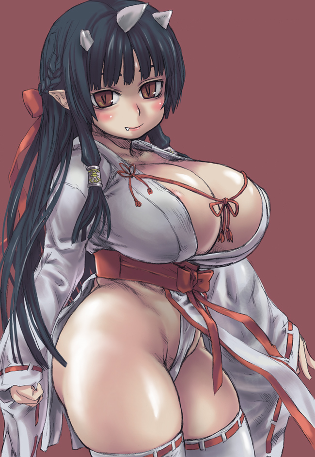 asanagi, hinomoto oniko, 1girl, adapted uniform, black hair, blunt bangs, blush, bow, breasts, brown eyes, bursting breasts, cowboy shot, curvy, demon girl, fang, female focus, hair tubes, horns, huge breasts, japanese clothes, long hair, looking at viewer, miko, nipple slip, nipples, nontraditional miko, oni, plump, pointy ears, sidelocks, slit pupils, smile, solo, thighhighs, wide sleeves