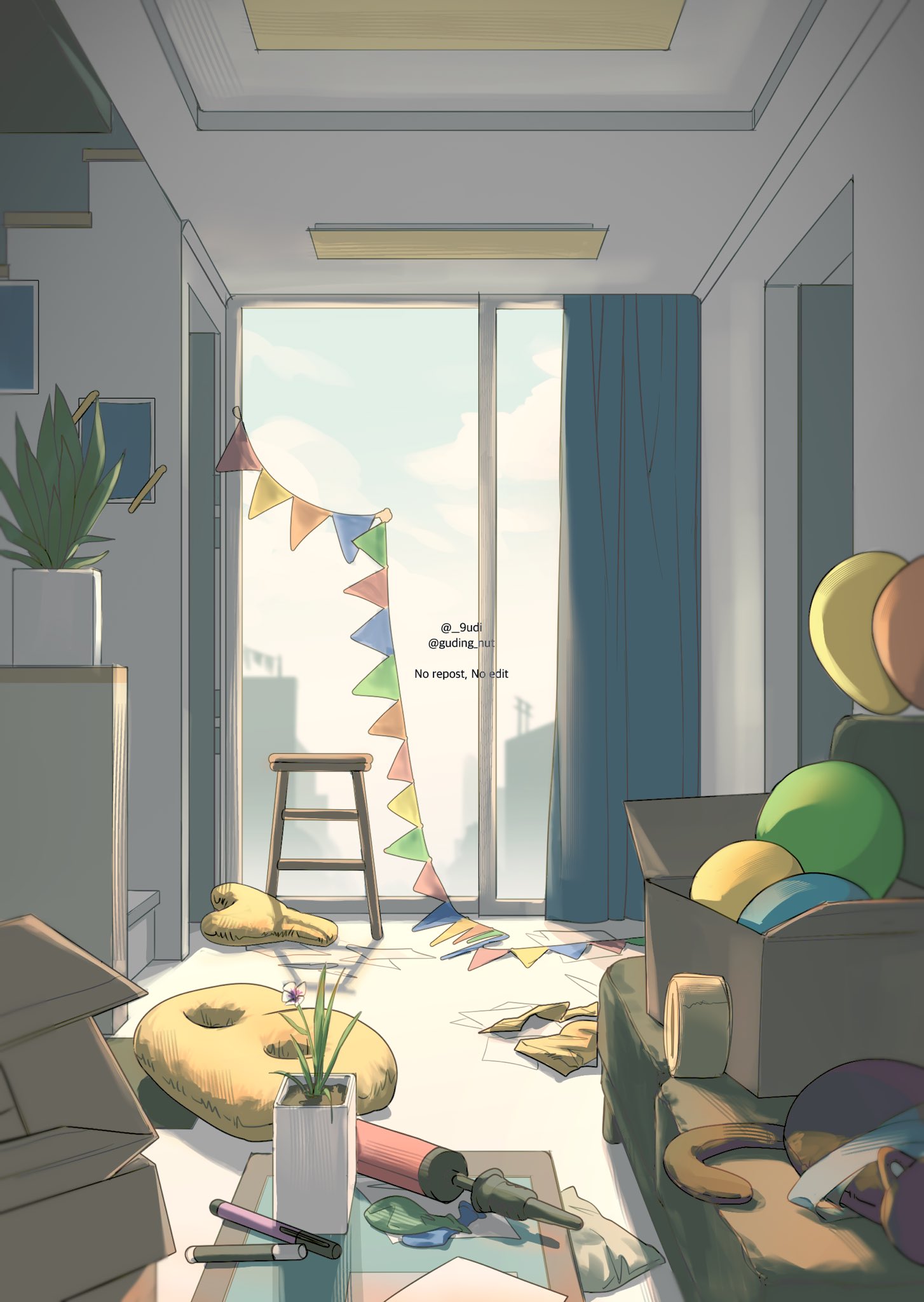 guding nut, omniscient reader's viewpoint, highres, air pump, animal, apartment, balloon, birthday, box, bunting, cardboard box, cat, curtains, indoors, letter balloon, no humans, open box, plant, potted plant, scenery, stool, sunrise, table, window light