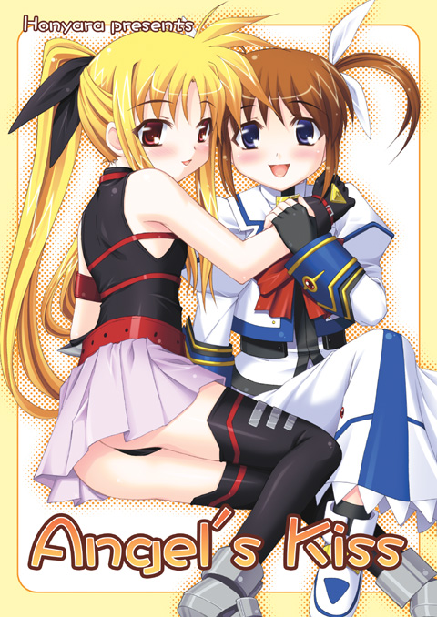 kariga, fate testarossa, fate testarossa (lightning form), takamachi nanoha, lyrical nanoha, mahou shoujo lyrical nanoha, 00s, 2girls, arm belt, belt, blonde hair, fingerless gloves, gloves, magical girl, multiple girls, purple eyes, red eyes, thighhighs, twintails