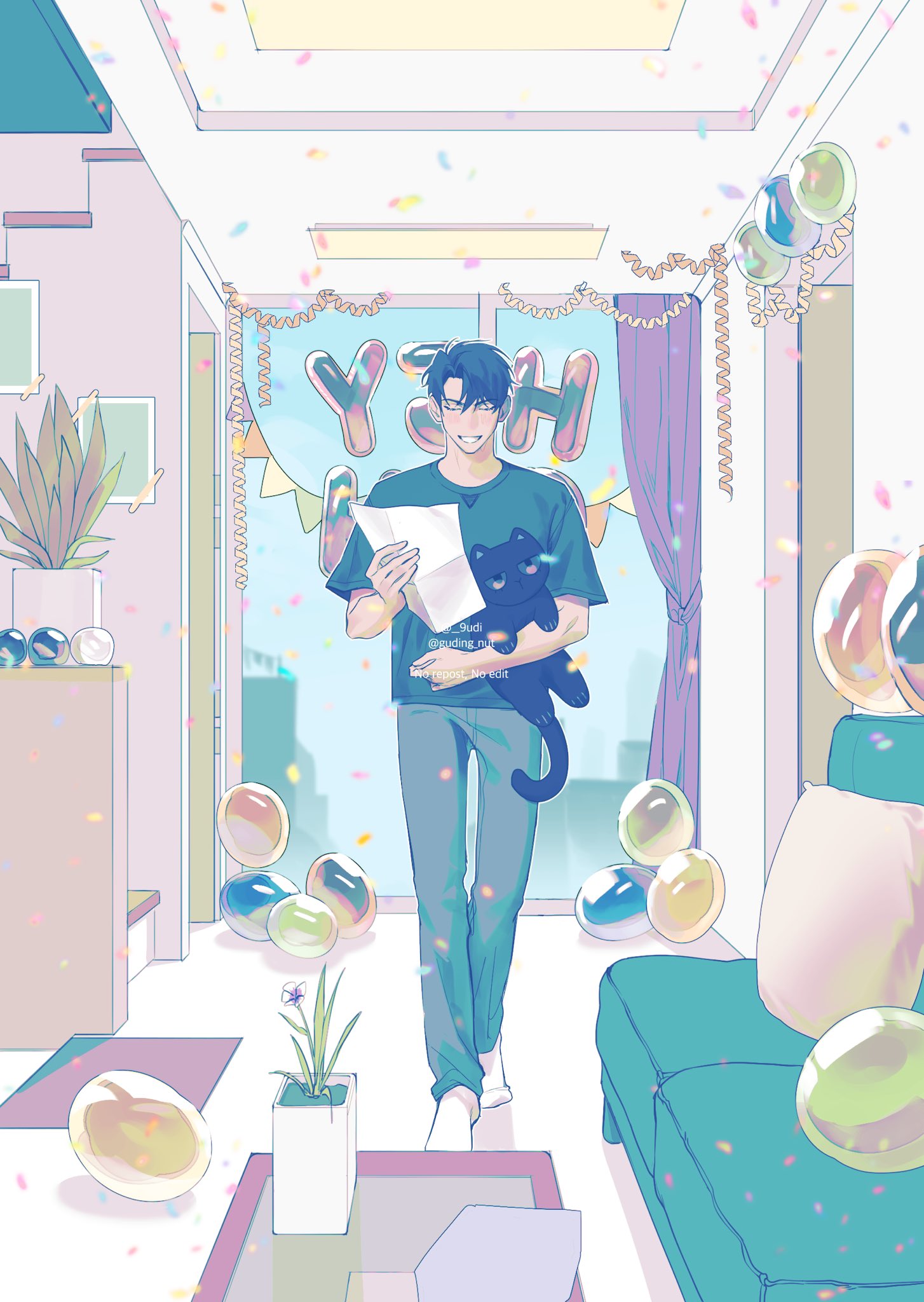guding nut, yoo joonghyuk, omniscient reader's viewpoint, highres, animal, balloon, black cat, black hair, black shirt, bunting, cat, closed eyes, confetti, couch, curtains, full body, grin, holding, holding animal, holding cat, holding paper, indoors, letter balloon, motion blur, painterly, paper, pillow, plant, potted plant, shirt, short hair, smile, socks, streamers, t-shirt, table, walking, white socks, window light