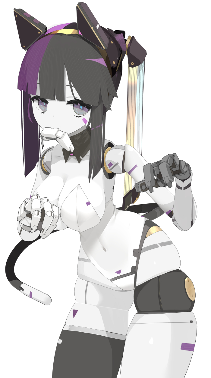 nanatsuki sousuke, original, highres, 1girl, android, animal ears, black hair, breasts, cat ears, cat girl, cat tail, claw pose, colored skin, covered navel, grey eyes, joints, large breasts, leotard, looking at viewer, mechanical ears, mechanical tail, multicolored hair, purple hair, robot joints, solo, standing, strapless, strapless leotard, tail, two-tone hair, white background, white skin
