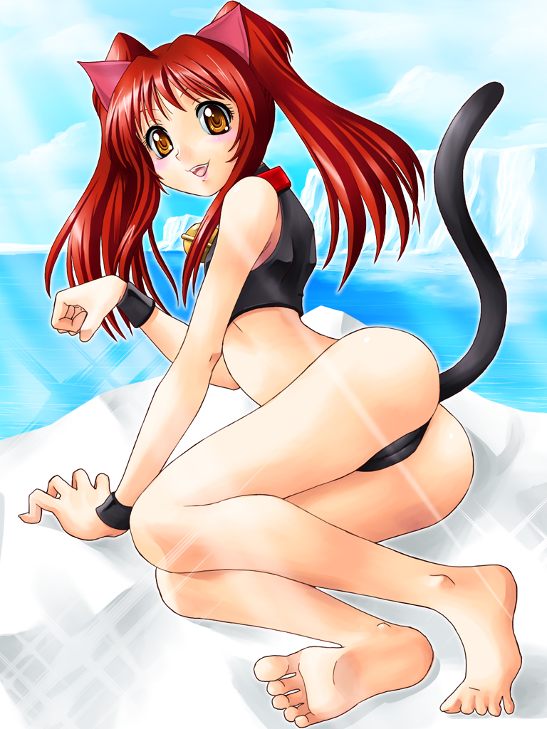yaso shigeru, aloe, aloe (quiz magic academy), quiz magic academy, 1girl, animal ears, barefoot, bell, bikini, black bikini, cat ears, cat tail, day, feet, female focus, jingle bell, paw pose, soles, solo, swimsuit, tail