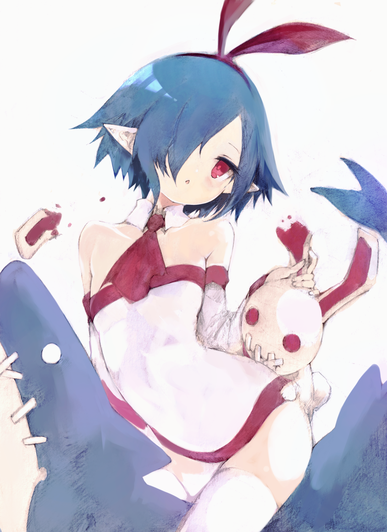tsutsugano, pleinair, same-san, usagi-san, disgaea, original, highres, 1girl, bare shoulders, blue hair, blush, breasts, dress, hair over one eye, looking at viewer, pointy ears, red eyes, short dress, short hair, small breasts, solo, stuffed animal, stuffed rabbit, stuffed shark, stuffed toy