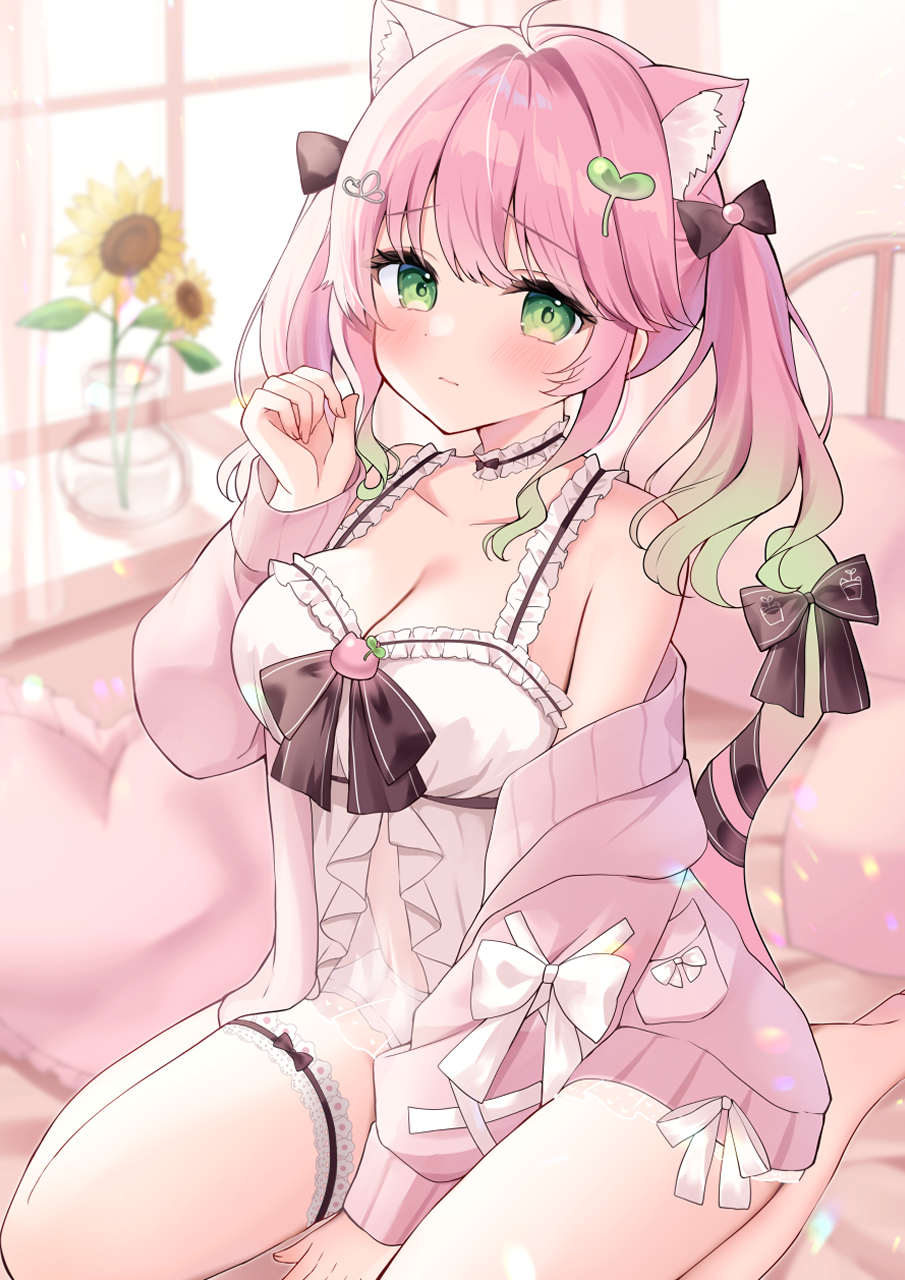hamico, futaba iyo, indie virtual youtuber, commentary request, highres, 1girl, animal ear fluff, animal ears, bare shoulders, black bow, black ribbon, blush, bow, breasts, camisole, cardigan, cat ears, cat girl, cat tail, choker, cleavage, closed mouth, collarbone, flower, frilled choker, frills, gradient hair, green eyes, green hair, hair bow, hair ornament, heart, heart-shaped pillow, lace thigh strap, large breasts, long hair, looking at viewer, multicolored hair, open cardigan, open clothes, pillow, pink cardigan, pink hair, ribbon, seiza, sitting, solo, sunflower, tail, tail bow, tail ornament, tail ribbon, thigh strap, vase, virtual youtuber, white camisole, window, windowsill