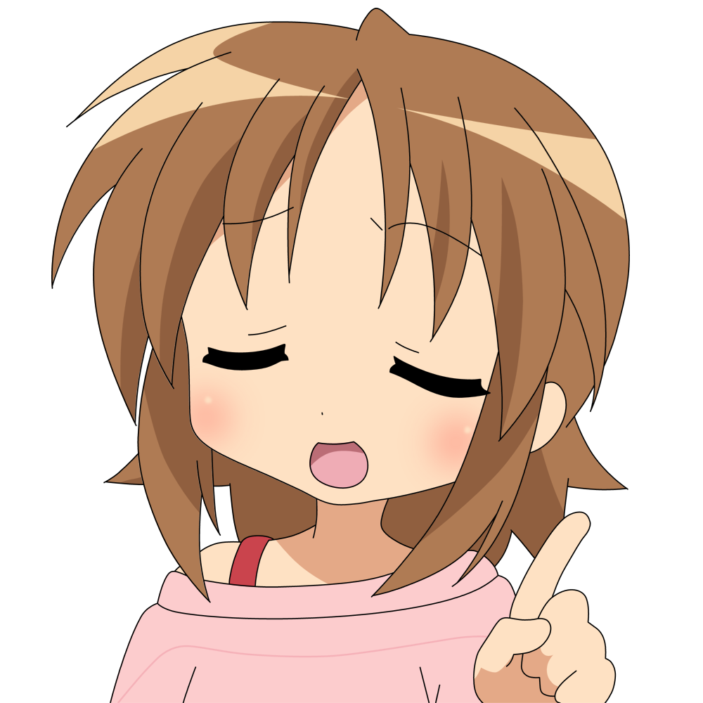 hiiragi matsuri, lucky star, derivative work, vector trace, 00s, 1girl, blush, brown hair, closed eyes, collarbone, female focus, index finger raised, short hair, simple background, solo, sweater, white background