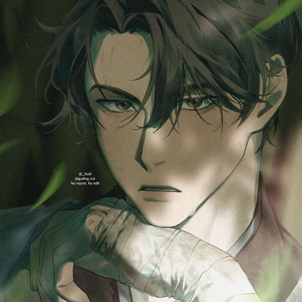 guding nut, yoo joonghyuk, omniscient reader's viewpoint, 1boy, bandaged hand, bandages, black eyes, close-up, curtained hair, dappled sunlight, hair between eyes, hand on own chin, looking at viewer, male focus, parted lips, portrait, serious, solo, sunlight