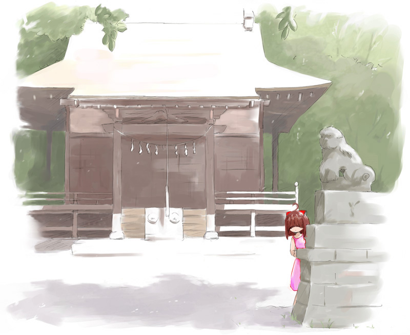 1girl, aged down, female focus, hiding, komainu, shide, shrine, shy, solo, statue
