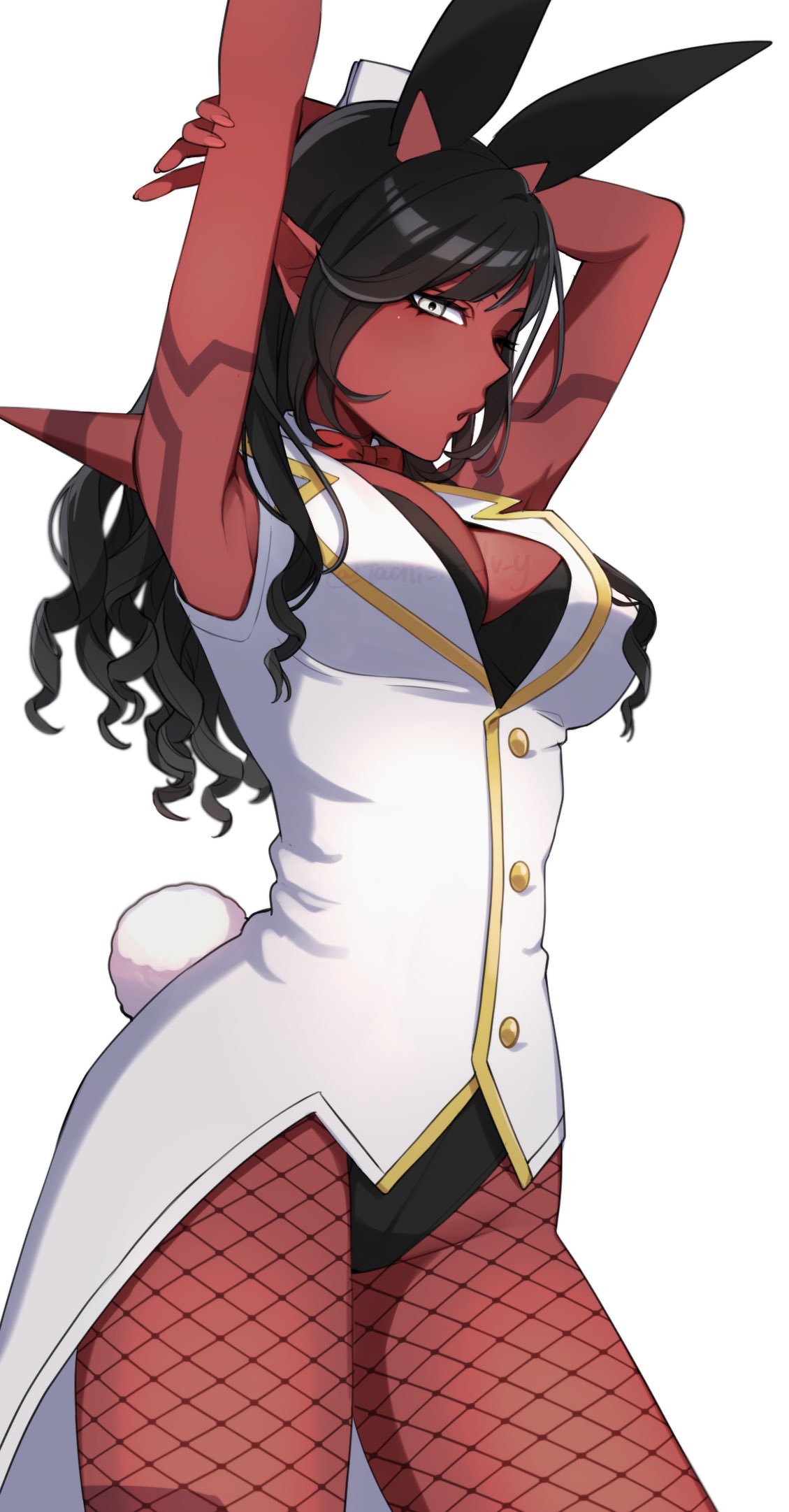 ogre (dq10), dragon quest, dragon quest x, commentary, highres, symbol-only commentary, 1girl, animal ear hairband, animal ears, arms up, black hair, black hairband, black leotard, body markings, bow, bowtie, breasts, cleavage, colored skin, cowboy shot, curly hair, fake animal ears, fake tail, fishnet pantyhose, fishnets, grey eyes, hairband, horns, leotard, long hair, looking at viewer, medium breasts, one eye closed, pantyhose, pointy ears, rabbit ears, rabbit tail, red bow, red bowtie, red skin, shoulder spikes, solo, spikes, tachi ko lv y, tail, tailcoat, tailcoat playboy bunny, white background, white tailcoat, wrist cuffs
