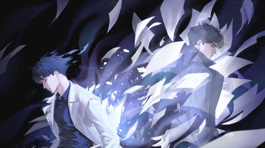 guding nut, kim dokja, yoo joonghyuk, omniscient reader's viewpoint, 2boys, black coat, black eyes, black hair, black shirt, blue theme, closed eyes, coat, collared shirt, disintegration, fading, flying paper, glowing, looking at another, looking back, male focus, multiple boys, open clothes, open coat, paper, popped collar, serious, shirt, short hair, symbolism, upper body, white coat