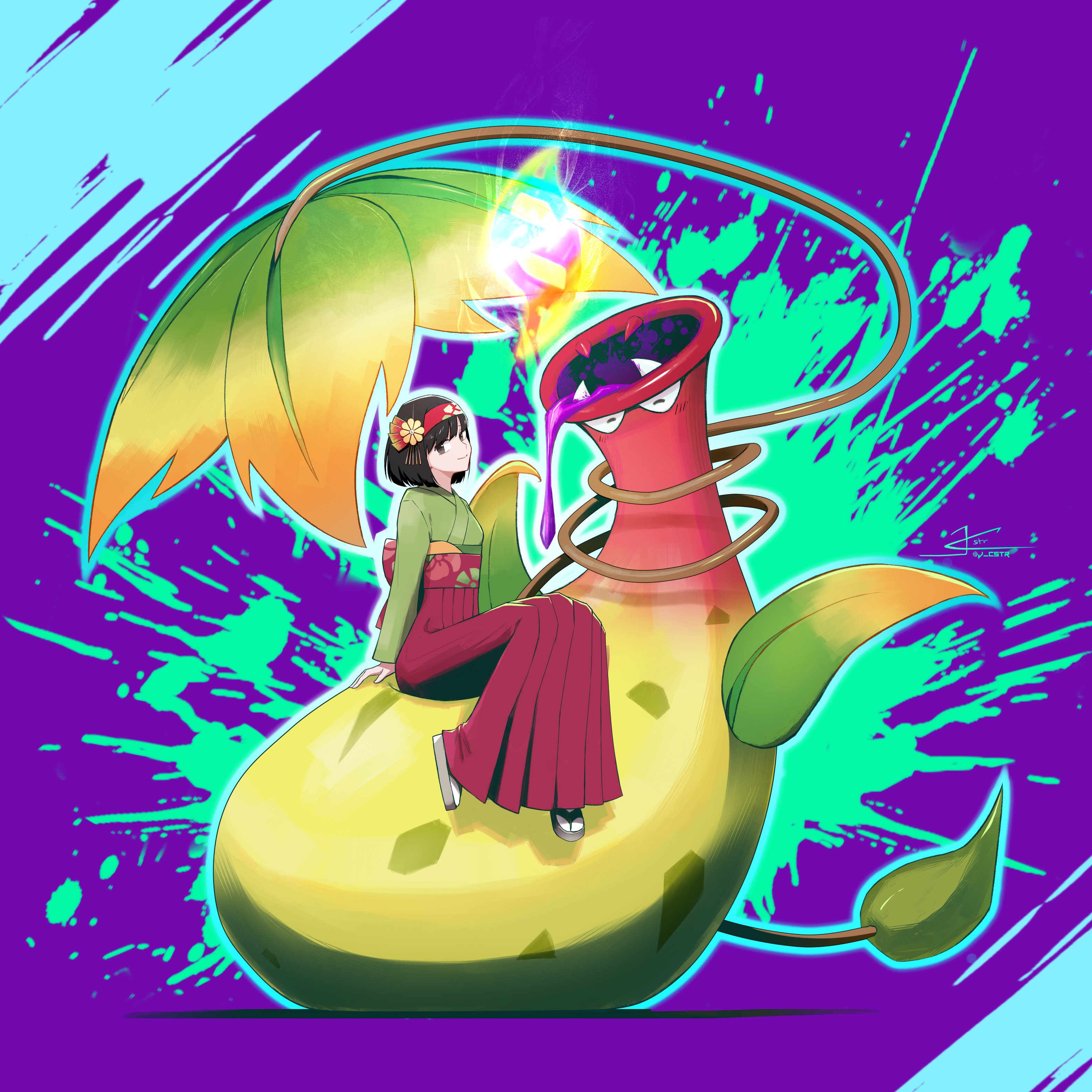 jcstr, erika (pokemon), mega victreebel, victreebel, nintendo, pokemon, pokemon legends: z-a, pokemon lgpe, absurdres, highres, 1girl, acid, black hair, breasts, closed mouth, colored skin, fangs, flower, full body, gen 1 pokemon, green eyes, green kimono, hairband, hakama, japanese clothes, kimono, leaf, mega evolution symbol, mega pokemon, open mouth, pink lips, plant, plant monster, poison, pokemon (creature), red hairband, red hakama, short hair, smile, vines, yellow skin