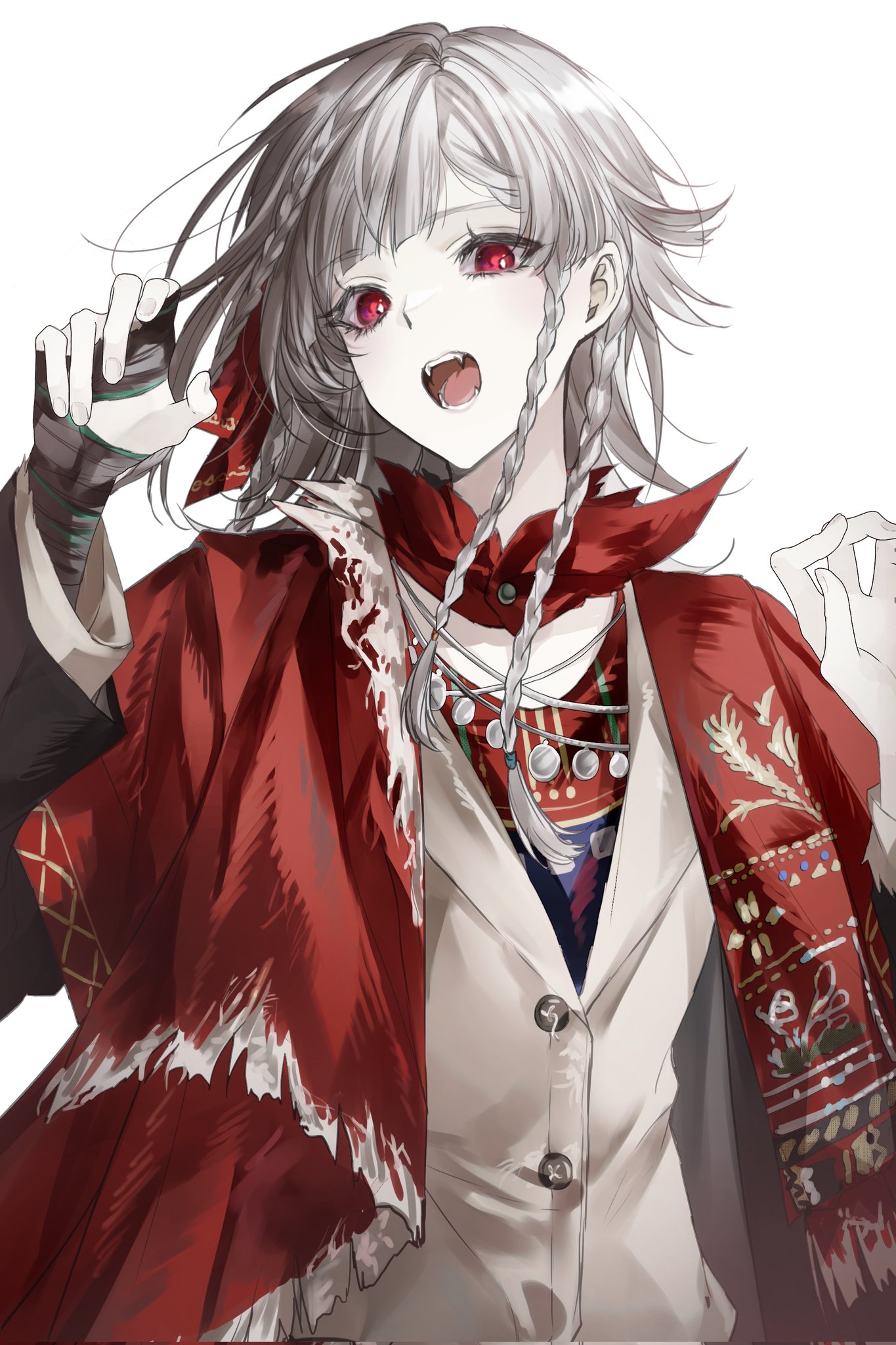 luull, rubuska, reverse:1999, highres, 1girl, black coat, black gloves, claw pose, coat, fang, fingerless gloves, gloves, hands up, jacket, long hair, open mouth, red eyes, red scarf, red shirt, scarf, shirt, single glove, solo, teeth, upper body, white background, white hair, white jacket