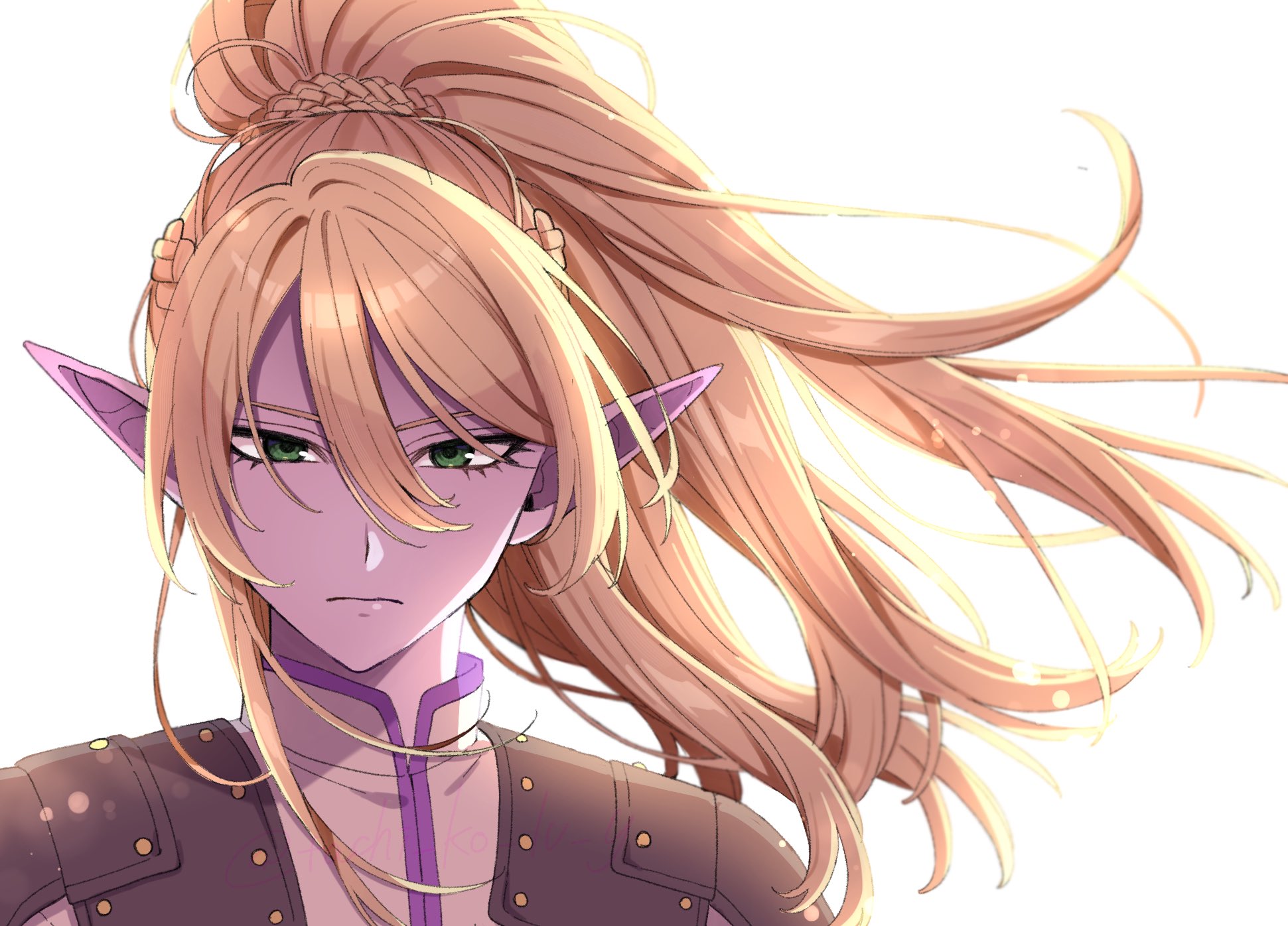 dragon quest, dragon quest x, hashtag-only commentary, highres, 1boy, androgynous, armor, bishounen, blonde hair, braid, colored skin, floating hair, green eyes, hair between eyes, hakuou (dq10), long hair, looking at viewer, male focus, pauldrons, pointy ears, ponytail, portrait, purple skin, purple trim, shirt, shoulder armor, side braids, solo, tachi ko lv y, white background, white shirt