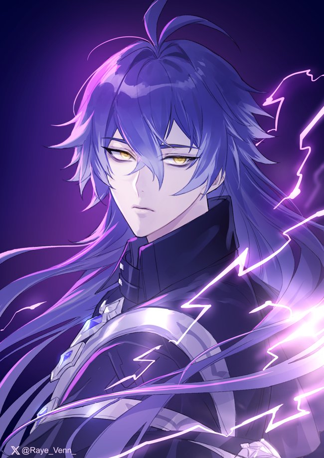 flins (genshin impact), genshin impact, 1boy, ahoge, antenna hair, artist name, bags under eyes, black coat, blue hair, closed mouth, coat, collared coat, electricity, gradient background, gradient hair, hair between eyes, huge ahoge, long hair, long sleeves, looking to the side, multicolored hair, powering up, purple background, raye venn, shade, solo, twitter username, upper body, yellow eyes
