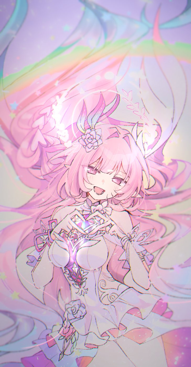 ohoolthu, cyrene (honkai: star rail), cyrene (ripples of past reverie) (honkai: star rail), honkai: star rail, honkai (series), commentary, highres, symbol-only commentary, 1girl, bare shoulders, blue hair, breasts, diamond-shaped pupils, diamond (shape), dress, flower, four-finger heart hands, hair flower, hair ornament, halo, heart, heart hands, large breasts, long hair, looking at viewer, multicolored hair, pink hair, pointy ears, purple eyes, smile, solo, symbol-shaped pupils, thighs, two-tone hair, very long hair, white dress